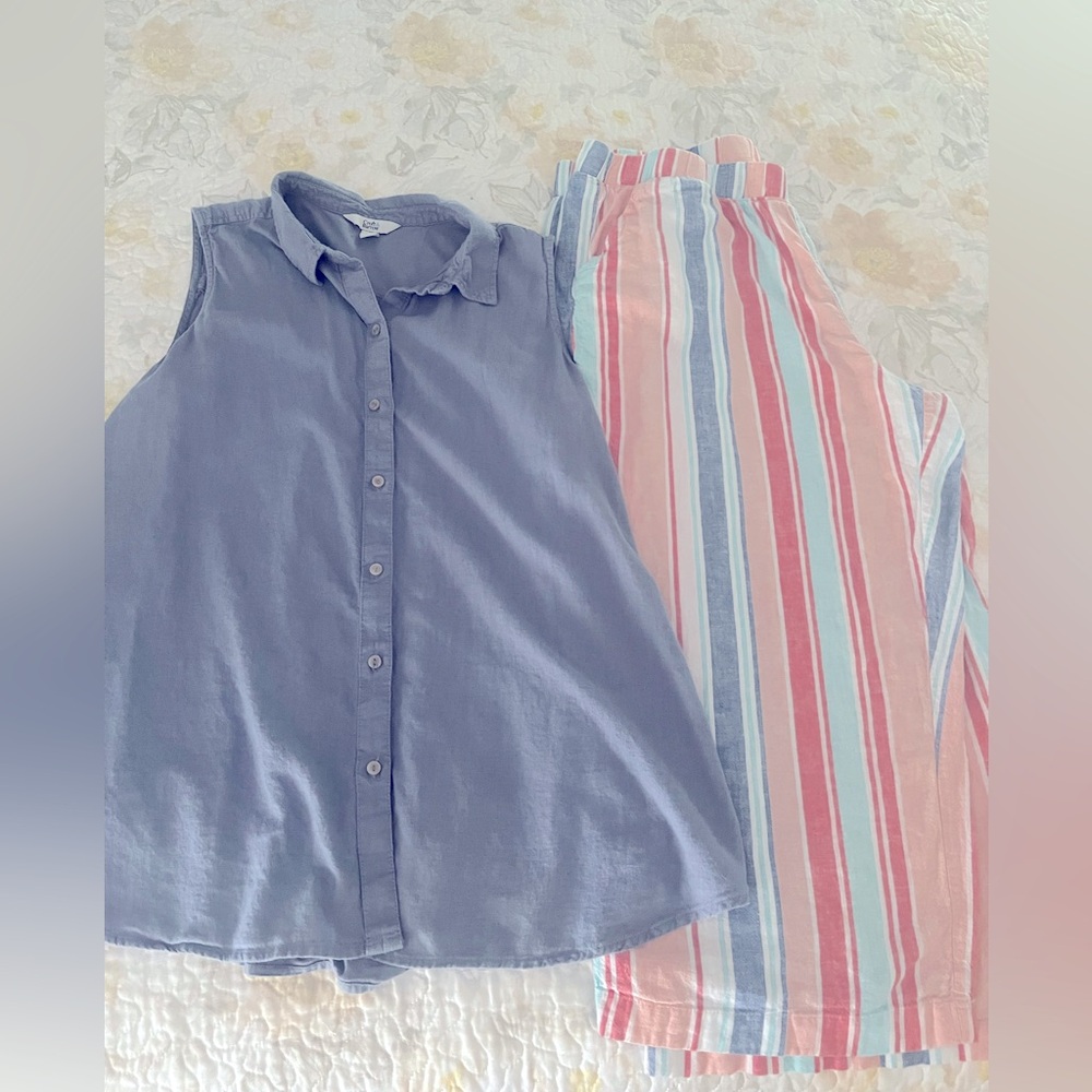 Summer set! Sleeveless button-down with matching striped pants.